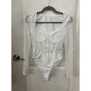 NEW! Women's Long Sleeve Mesh Bodysuit With Rhinestone Decoration